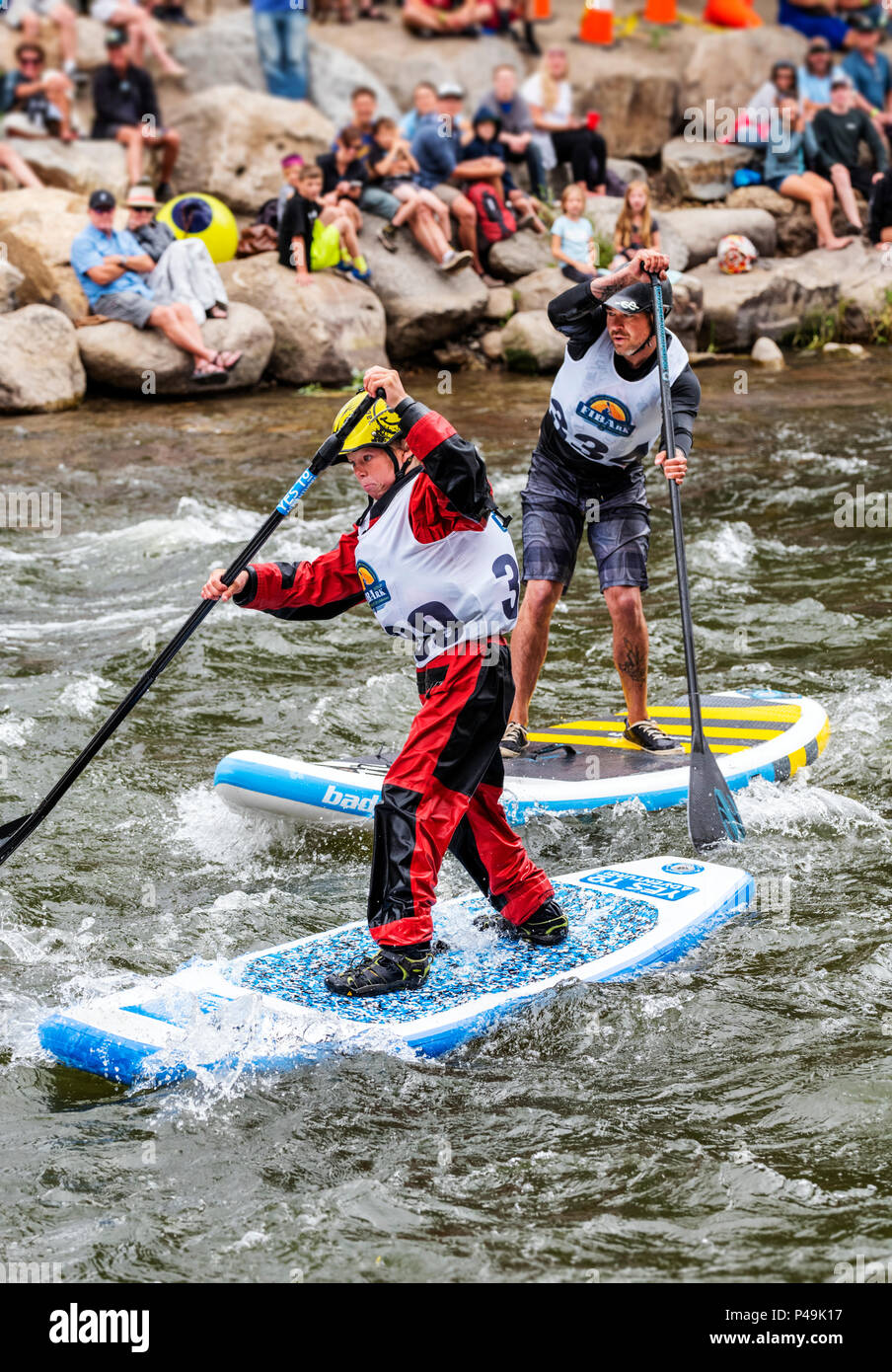 Competitors race in standup paddleboard event; Fibark river festival; Arkansas River; Salida; Colorado; USA Stock Photo