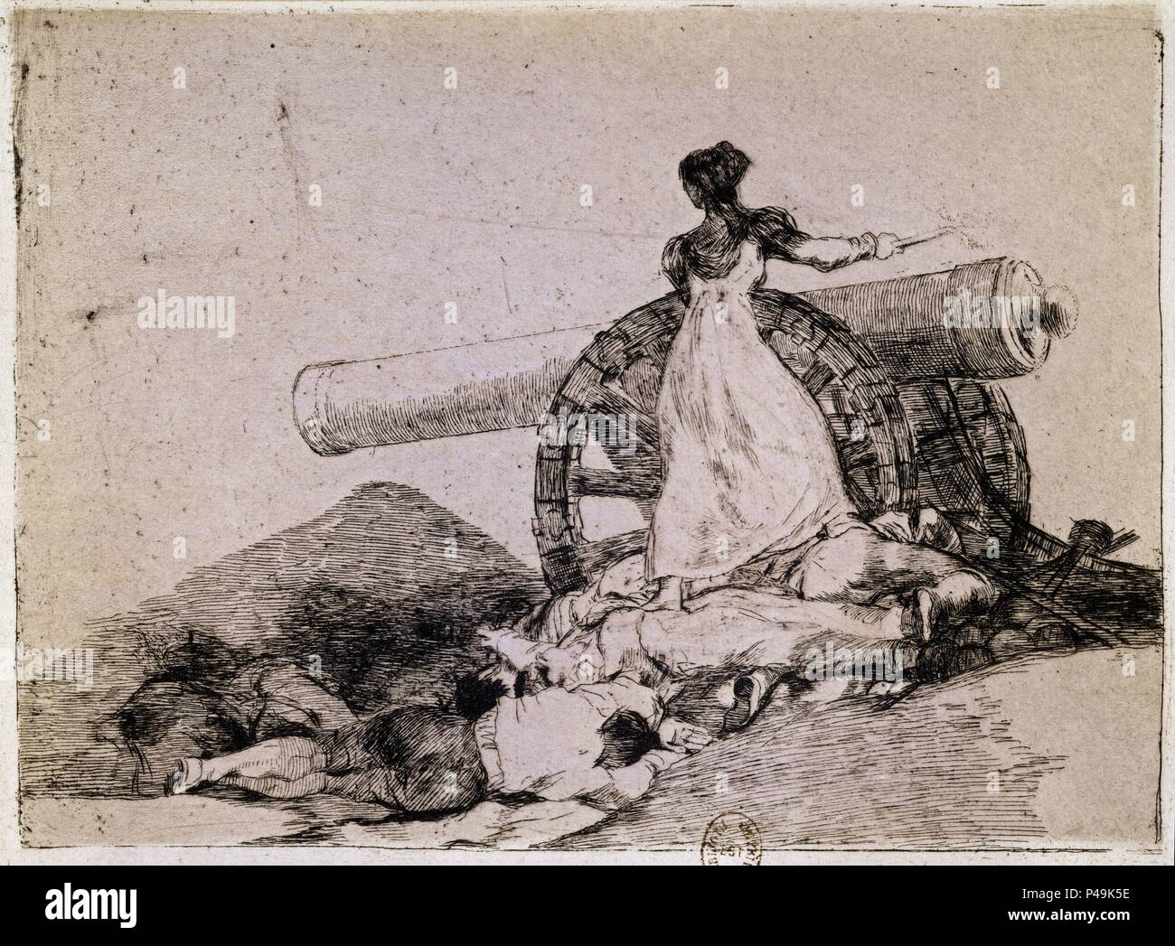 What courage!, plate 7 of 'The Disasters of War' (1810-1815), depicting Augustina of Aragon (d.1857) firing a cannon in defence of Saragossa in 1808 - 1863 - 15,8x20,9 cm- etching, aquatint, drypoint, burin and burnisher. Author: Francisco de Goya (1746-1828). Location: NATIONAL LIBRARY, FRANCE. Also known as: DESASTRES DE LA GUERRA (1810-1815) -DESASTRE Nº 7- ¡QUE VALOR!. Stock Photo
