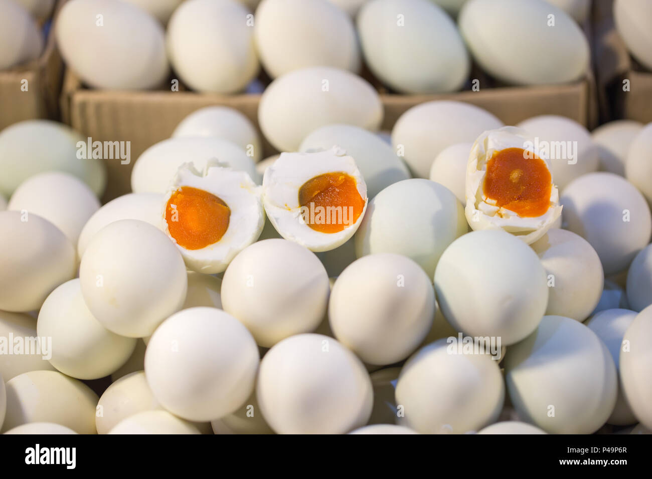 salty eggs. salt preservation white duck egg for food in asian, Thailand. Stock Photo