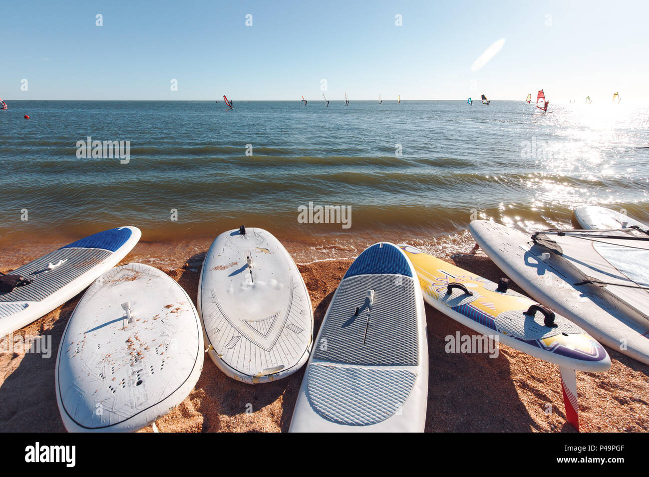 Windsurf boards on the sand at the beach. Windsurfing and active