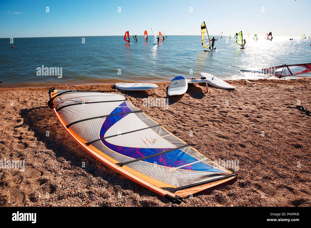 Windsurf boards on the sand at the beach. Windsurfing and active