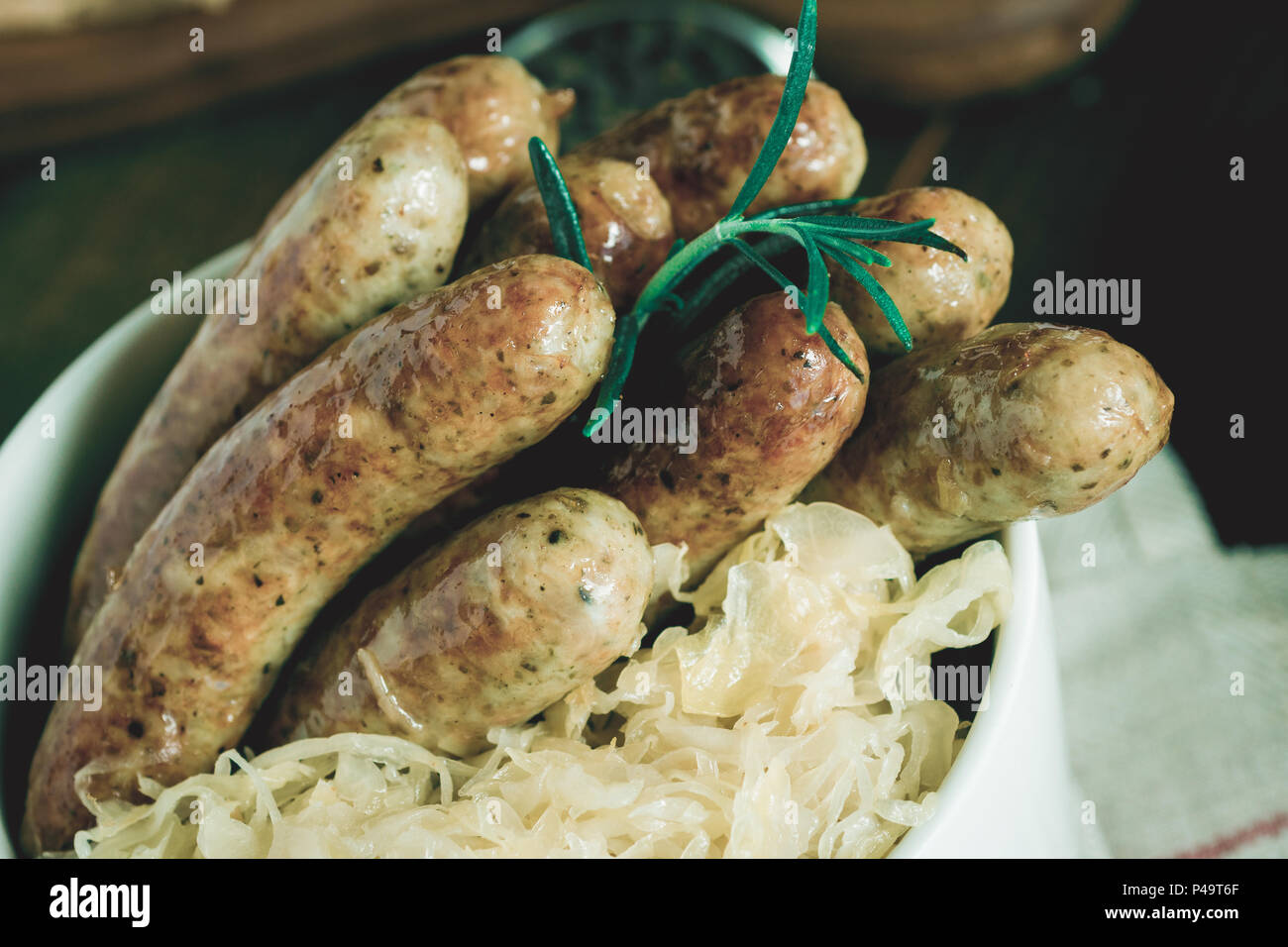 Traditional Bavarian Grilled Sausages with Cabbage Salad, Mustard and