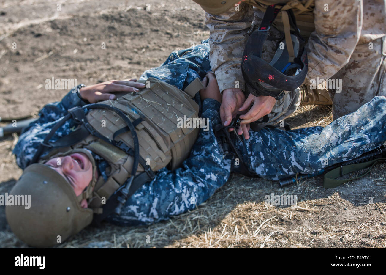 U.S. Midshipman Steven Jones and Russell Jones, both Reserves Officers' Training Corps (ROTC) students at the University of Colorado and the University of Huston, practice applying tourniquets for a Combat Life Savors Course during Career Orientation and Training for Midshipmen (CORTRAMID) West on Camp Pendleton, Calif., June 16, 2016. Midshipmen conduct training to expose future Navy and Marine Corps officers to the capabilities of the Marine Air Ground Task Force. (U.S. Marine Corps photo by Pfc. Rhita Daniel/Released) Stock Photo