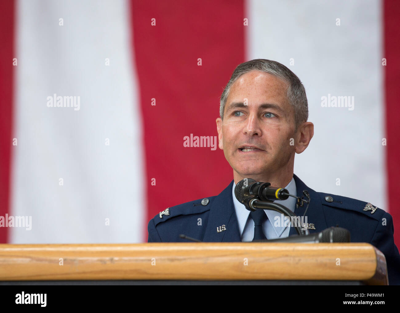 Col. Steven James, 374th Maintenance Group outgoing commander, gives his final speech during a change of command ceremony at Yokota Air Base, Japan, June 20, 2016. (U.S. Air Force photo by Yasuo Osakabe/Released) Stock Photo