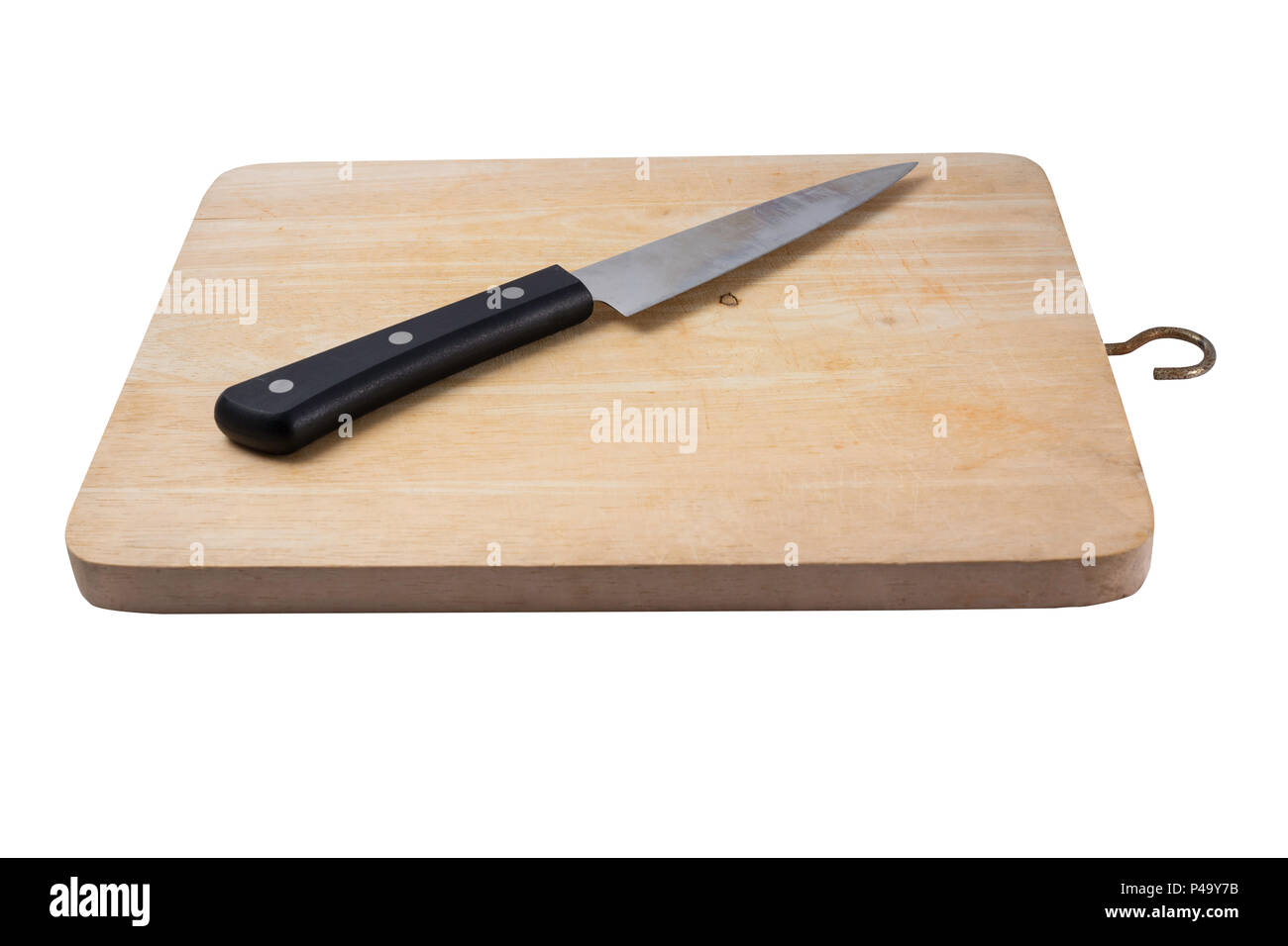 old chop board or cutting board with kitchen knife isolated on white