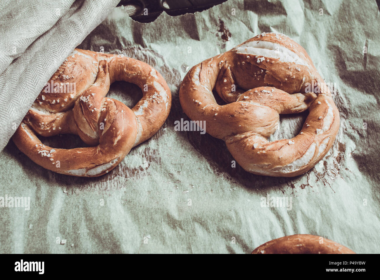 Fresh Rustic Pretzels From the Oven on Baking Sheet Stock Photo