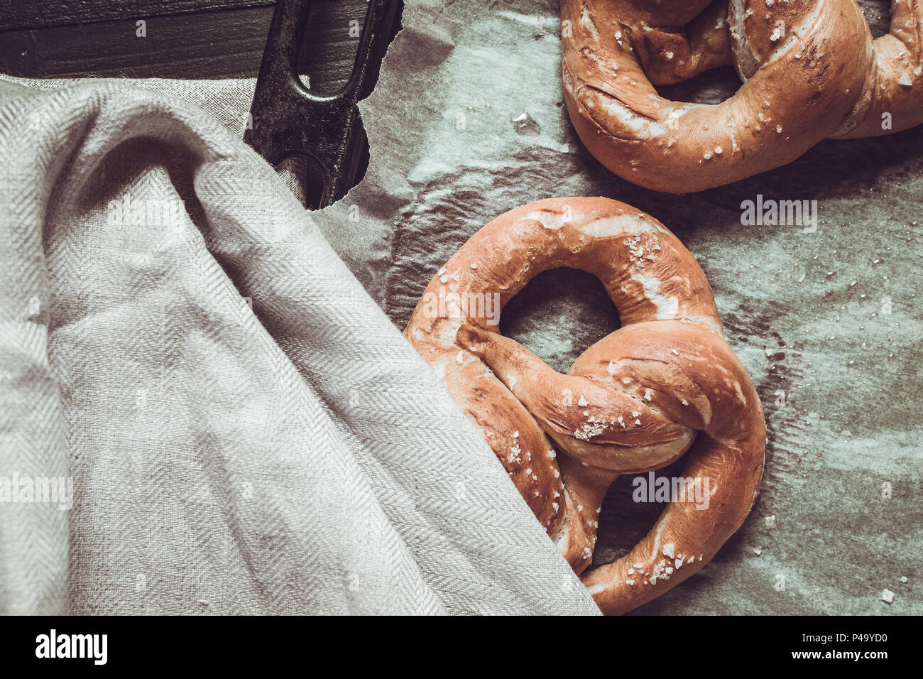 Fresh Rustic Pretzels From the Oven on Baking Sheet Stock Photo