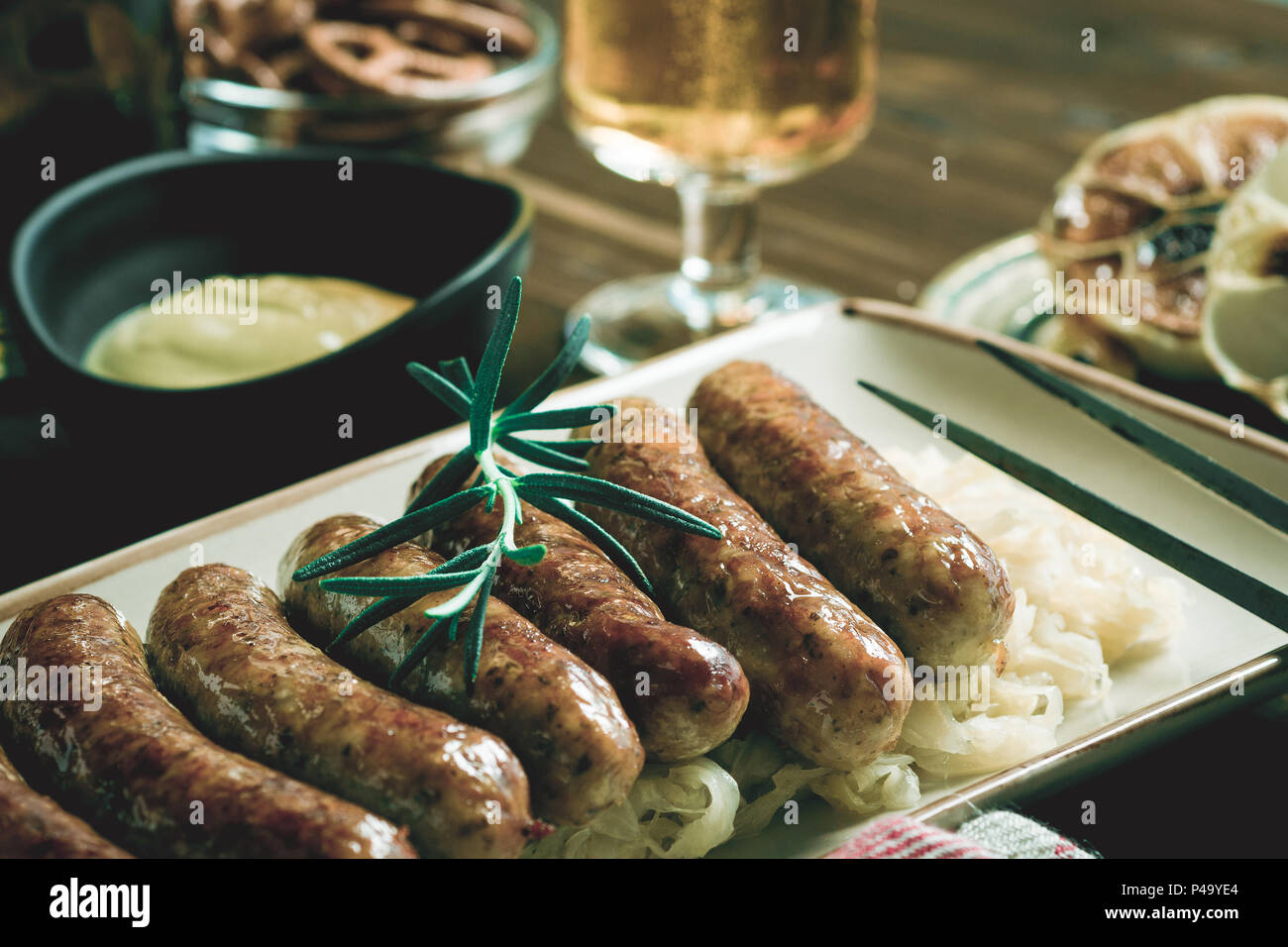 Traditional German Grilled Sausages Bratwurst with Cabbage Salad