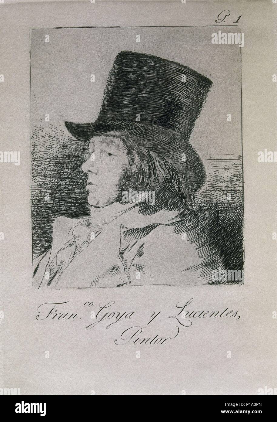 The Caprices, plate 1. 'Francisco Goya y Lucientes, painter (Francisco Goya y Lucientes, pintor)', 1799, Etching, burnished aquatint and burin on laid paper, 22 x 15,3 cm. Author: Francisco de Goya (1746-1828). Location: BIBLIOTECA NACIONAL-COLECCION, MADRID, SPAIN. Stock Photo