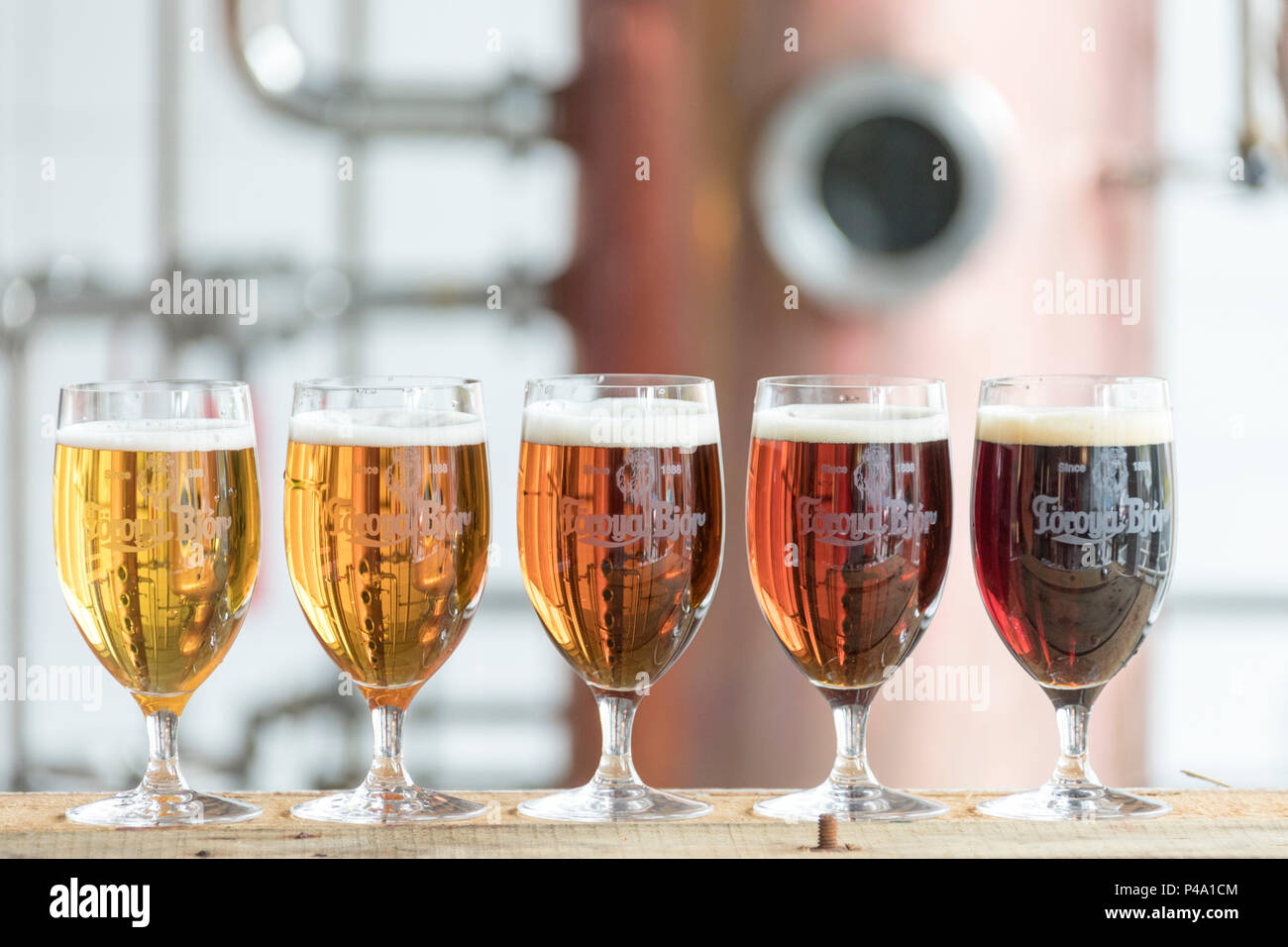 Close up of glasses of beer, Foroya Bjor family brewery, Klaksvik, Bordoy Island, Faroe Islands Stock Photo