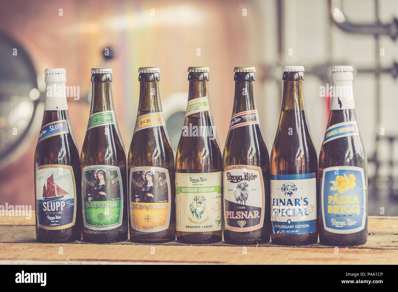 Close up of beer bottles of the Foroya Bjor family brewery, Klaksvik, Bordoy Island, Faroe Islands Stock Photo