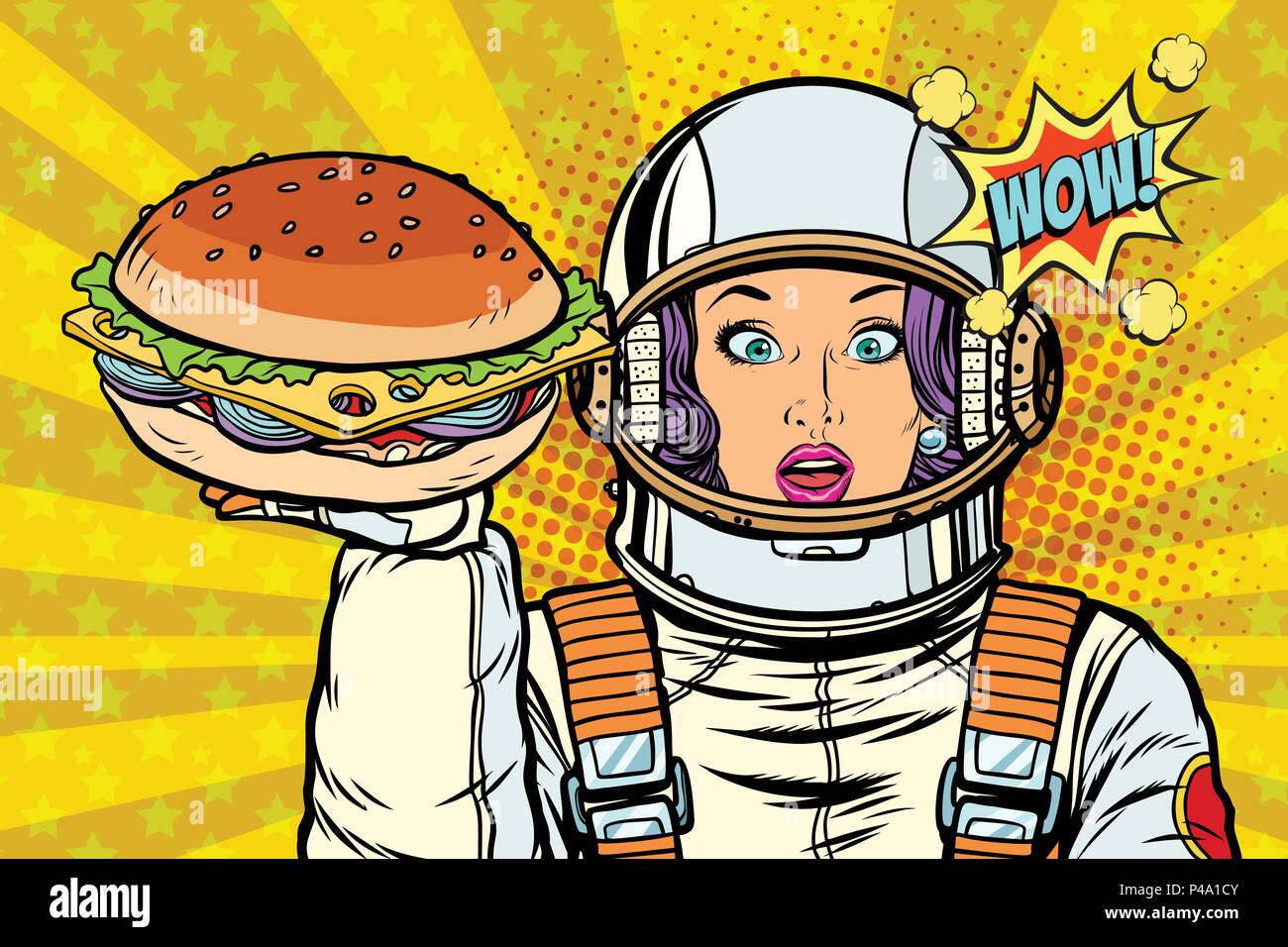 Hungry woman astronaut with Burger Stock Vector