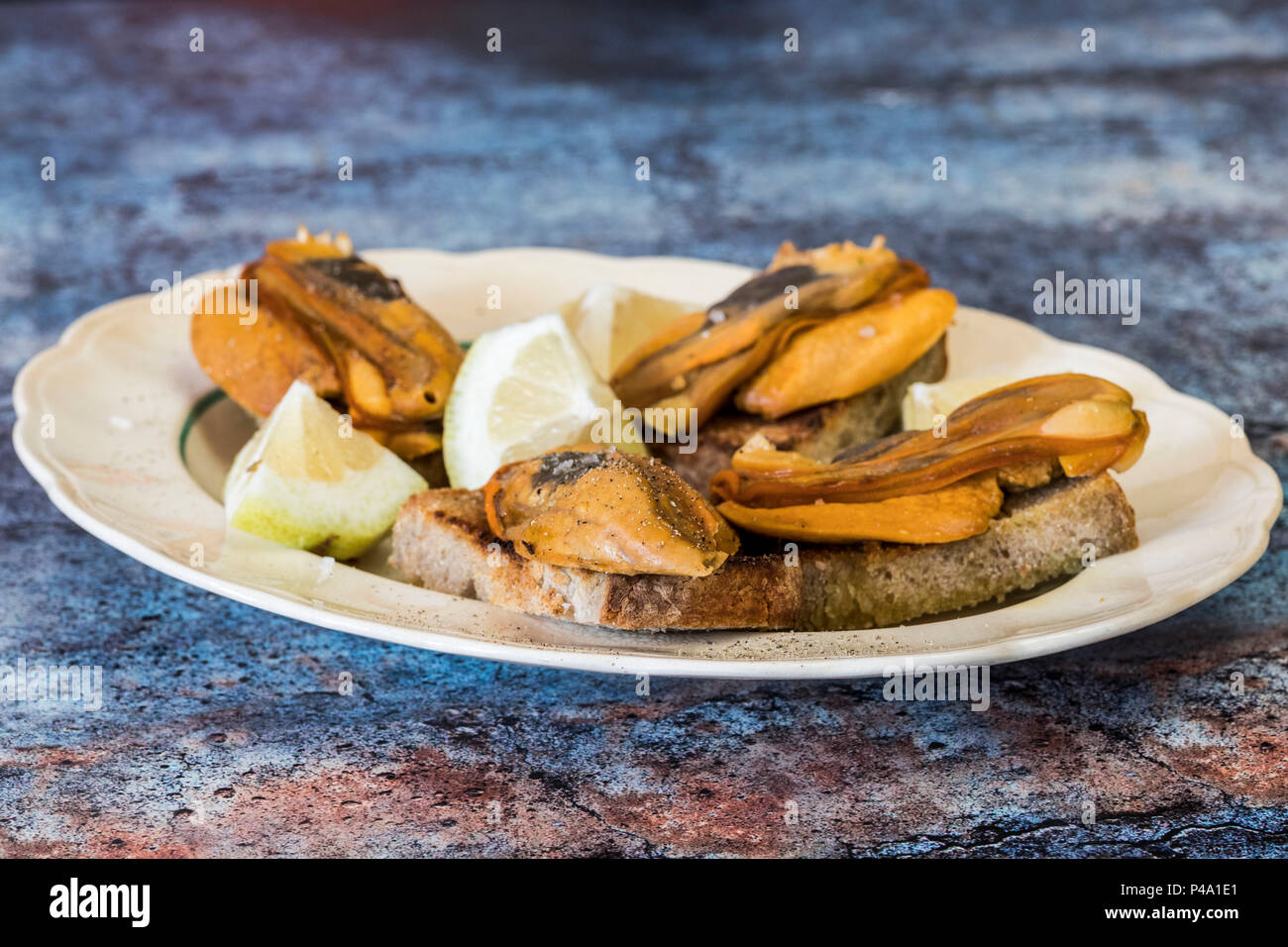 Seafood and mussels on platter, Barbara Fish House restaurant, Torshavn, Streymoy Island, Faroe Islands Stock Photo