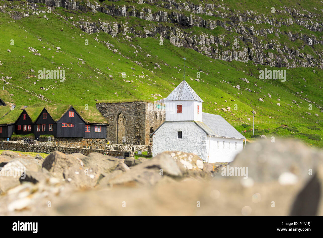 Saint Olav's Church and medieval St Magnus Cathedral, Kirkjubour, Streymoy island, Faroe Islands, Denmark Stock Photo