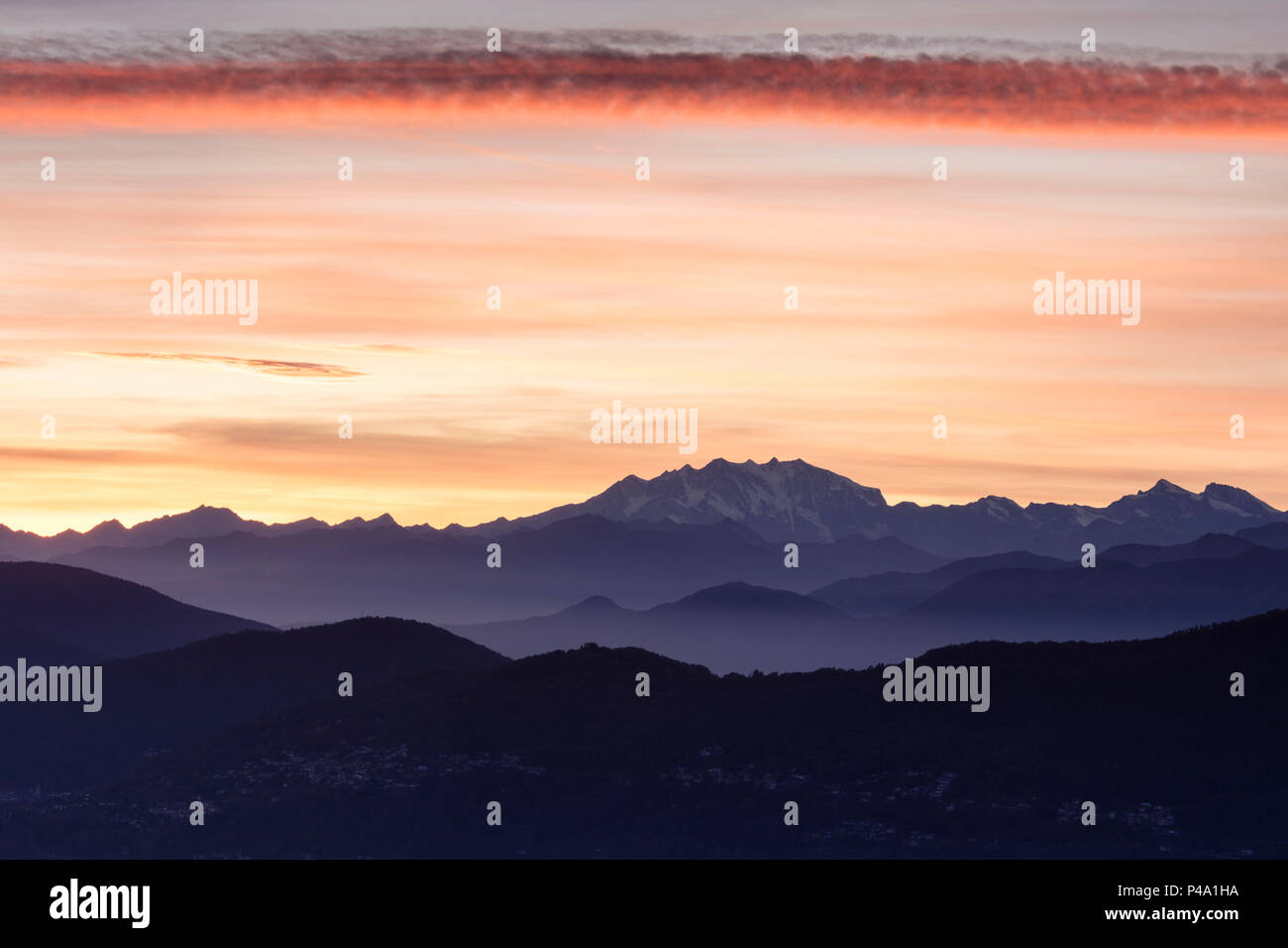 Sunset on Monte Rosa seen from Monte Bre, Lugano, Canton of Ticino, Switzerland Stock Photo