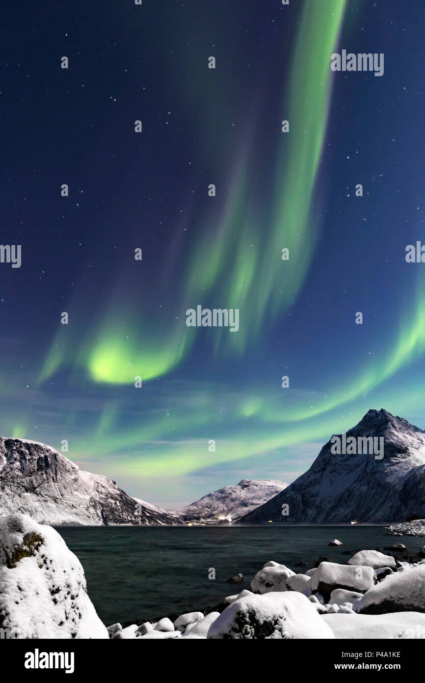 Northern lights (aurora borealis) at Mefjorden fjord, Berg in Troms, Norway, Senja, nordland, norway, europe Stock Photo