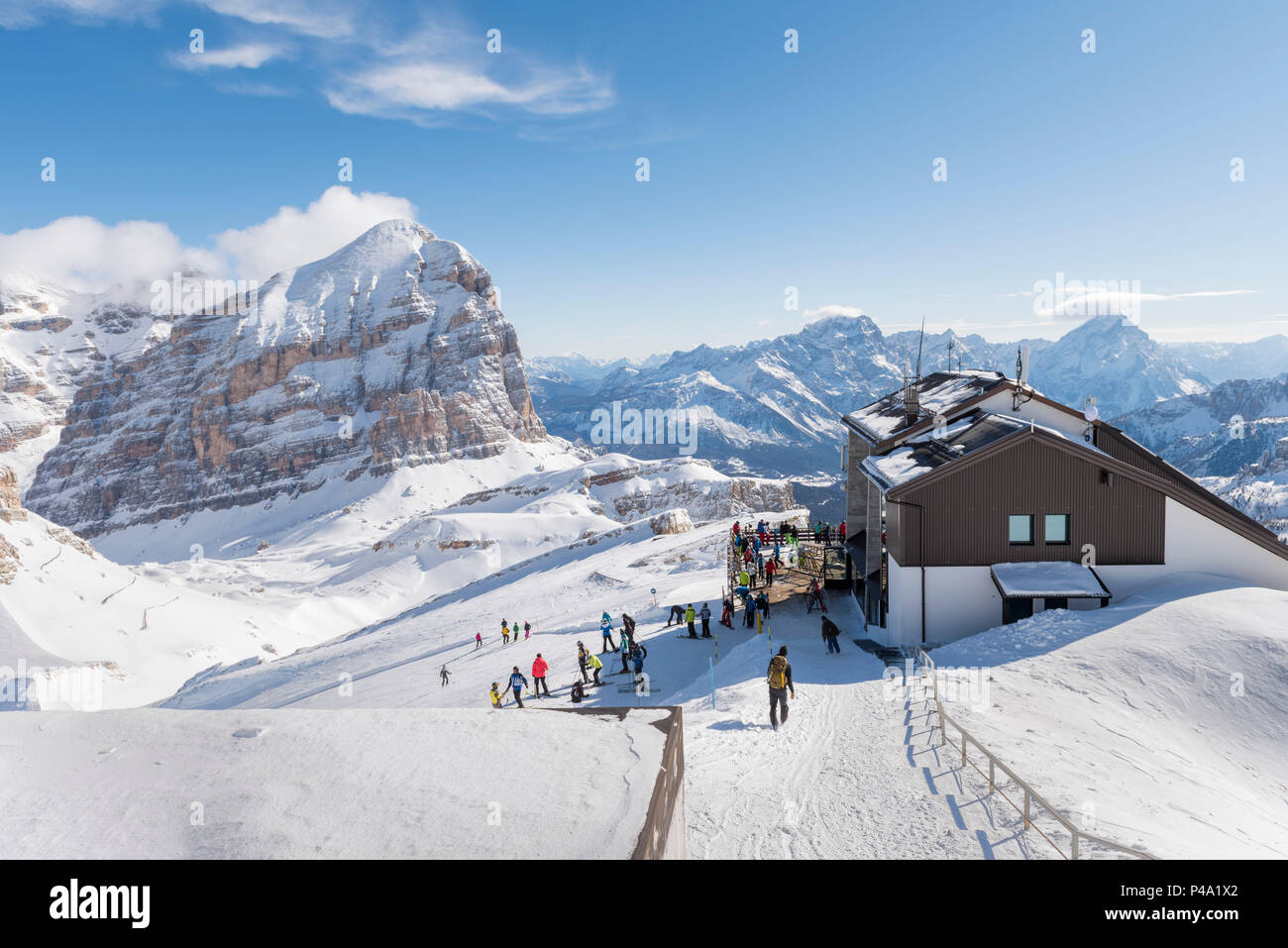 skiers on the ski slopes of Lagazuoi Europe, Italy, Veneto, Belluno district, Lagazuoi Stock Photo