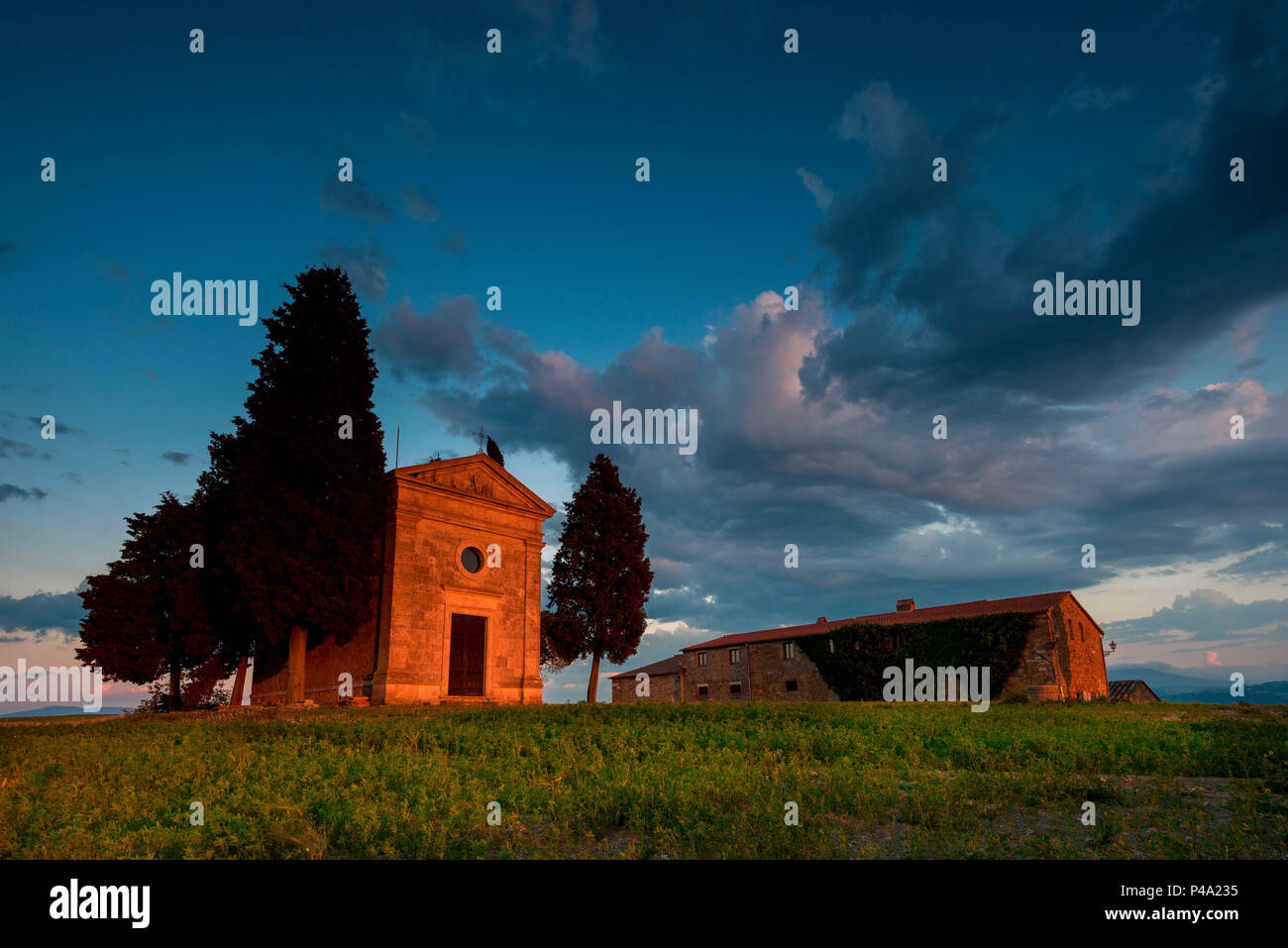 Church Vitaleta at sunset, Orcia Valley, Siena district, Tuscany, Italy. Stock Photo