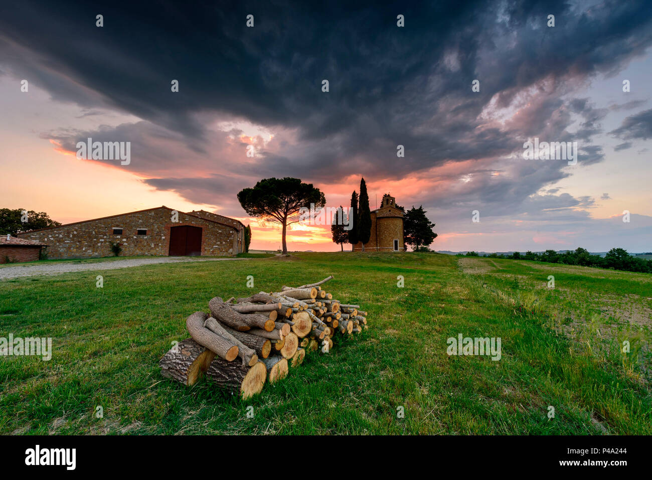 Church Vitaleta at sunset, Orcia Valley, Siena district, Tuscany, Italy. Stock Photo