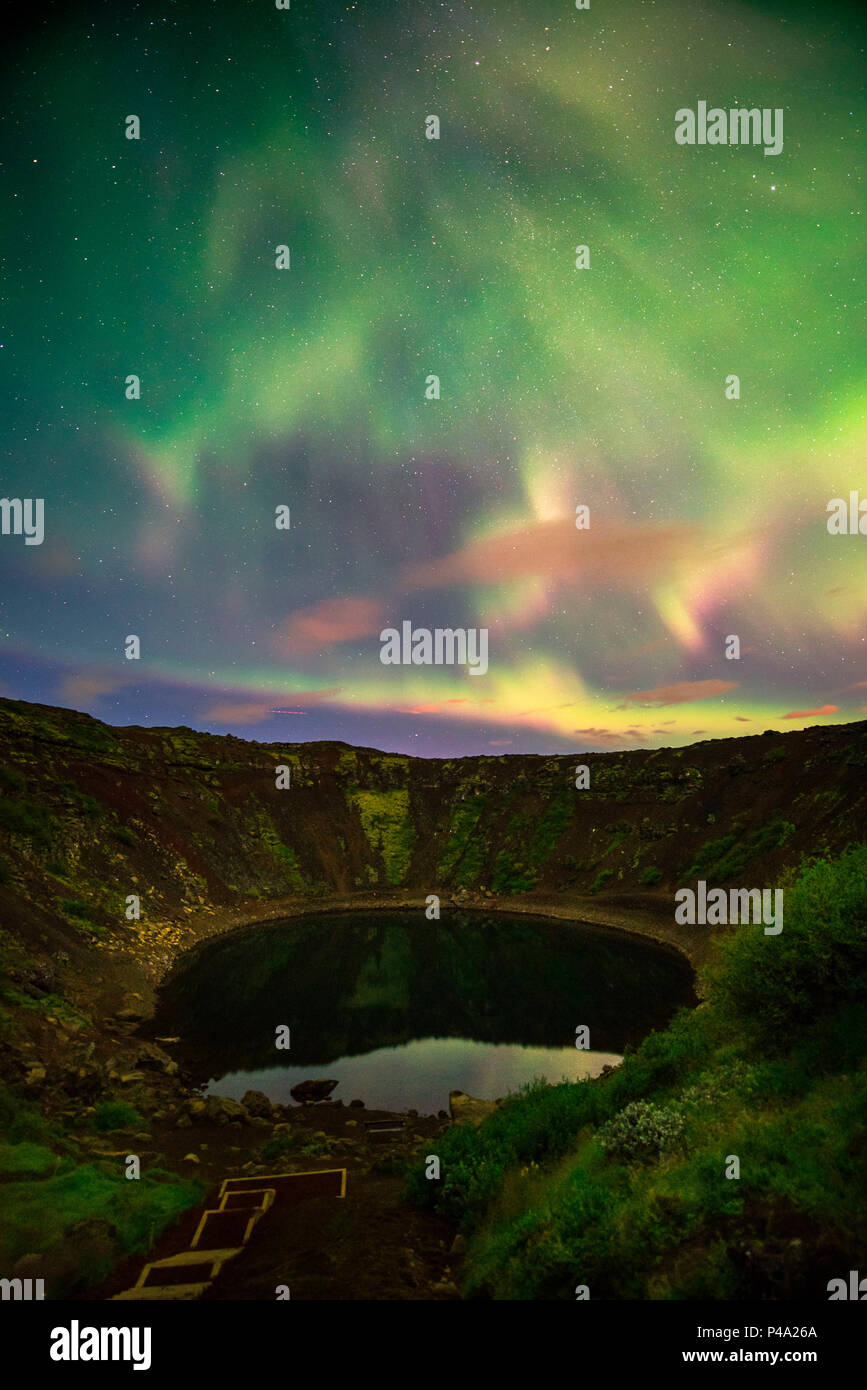 Crater Kerid with northern lights, Selfoss region, Golden Circle, Iceland Stock Photo