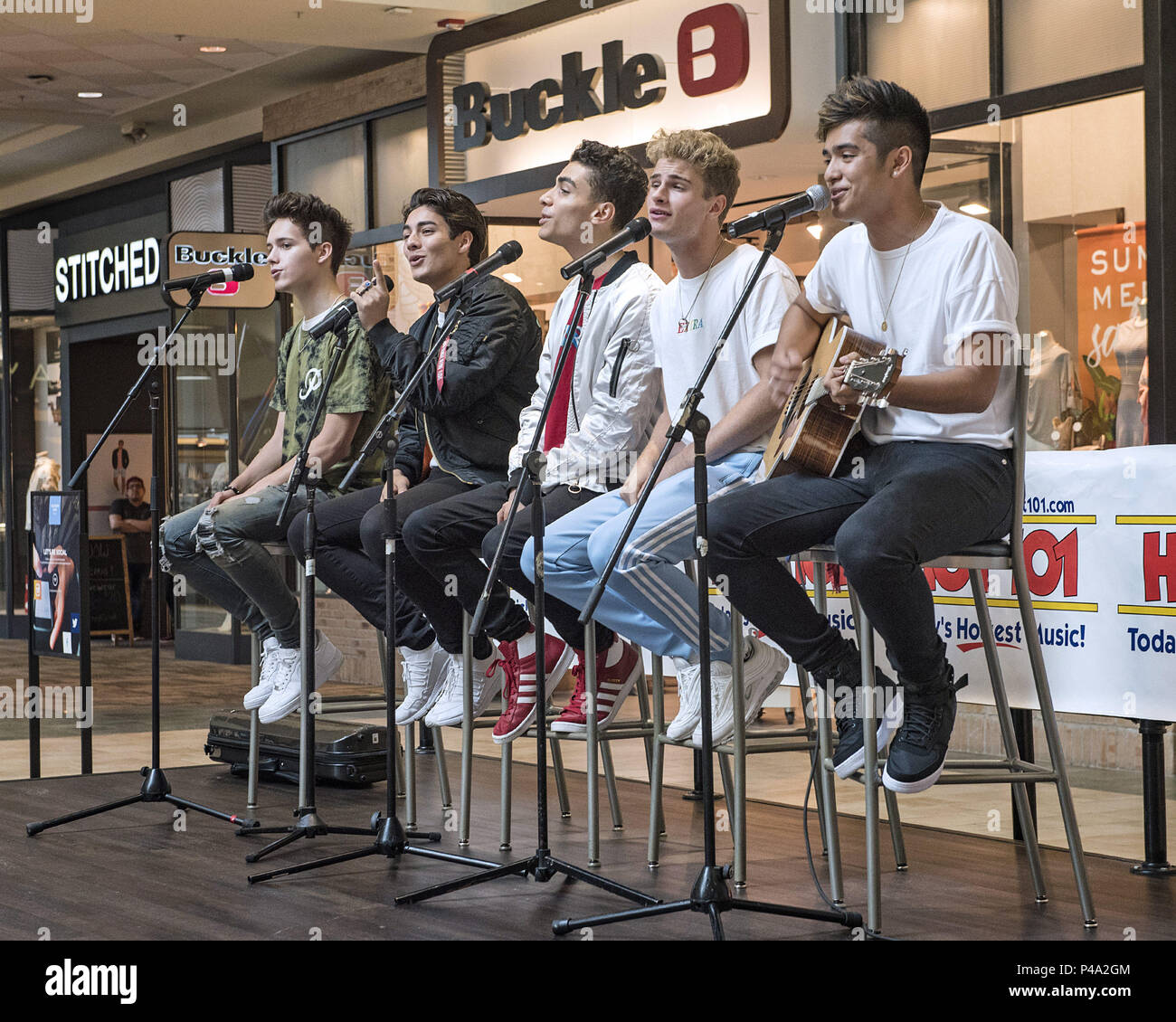 Youngstown, OH, USA. 20th June, 2018. 20 June 2018 - Youngstown, Ohio - Hollywood Records recording artists IN REAL LIFE perform a few of their hits for their fans at the Southern Park Mall. The boy band composed of (left to right) Michael Conor, Chance Perez, Drew Ramos, Brady Tutton and Sergio Calderon, were the five finalists from the ABC reality music television competition series BOY BAND. Photo Credit: Jason L. Nelson/AdMedia Credit: Jason L. Nelson/AdMedia/ZUMA Wire/Alamy Live News Stock Photo