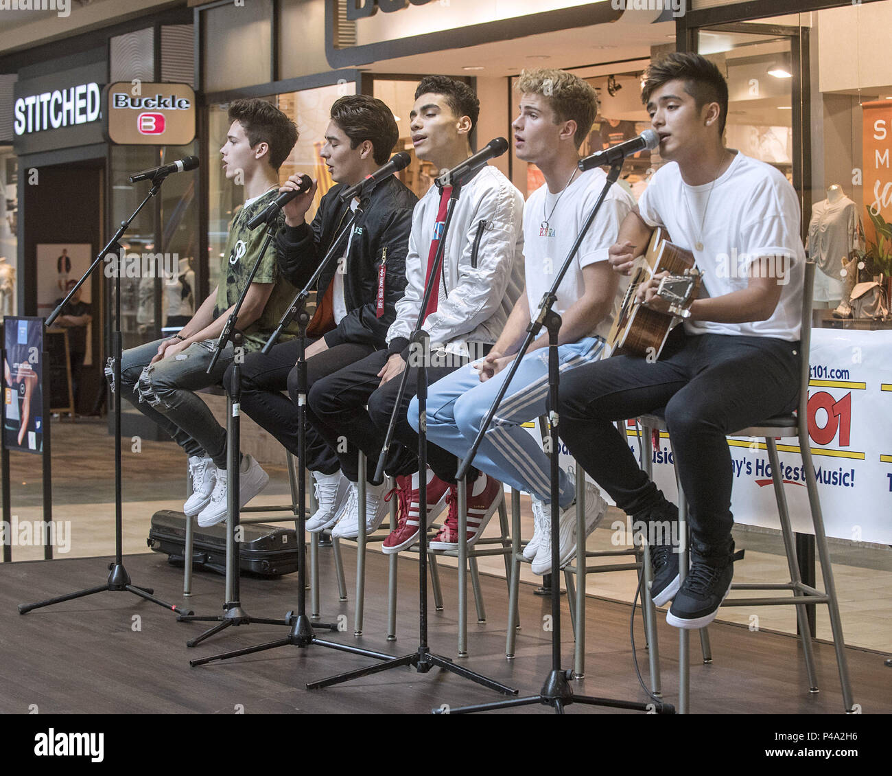Youngstown, OH, USA. 20th June, 2018. 20 June 2018 - Youngstown, Ohio - Hollywood Records recording artists IN REAL LIFE perform a few of their hits for their fans at the Southern Park Mall. The boy band composed of (left to right) Michael Conor, Chance Perez, Drew Ramos, Brady Tutton and Sergio Calderon, were the five finalists from the ABC reality music television competition series BOY BAND. Photo Credit: Jason L. Nelson/AdMedia Credit: Jason L. Nelson/AdMedia/ZUMA Wire/Alamy Live News Stock Photo