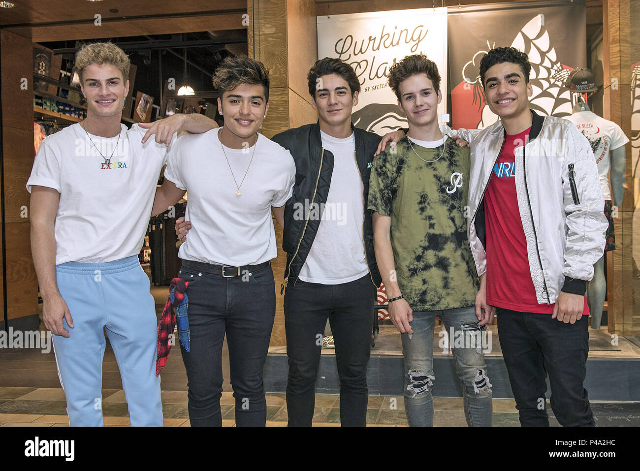 Youngstown, OH, USA. 20th June, 2018. 20 June 2018 - Youngstown, Ohio - Hollywood Records recording artists IN REAL LIFE perform a few of their hits for their fans at the Southern Park Mall. The boy band composed of (left to right) Brady Tutton, Sergio Calderon, Chance Perez, Michael Conor and Drew Ramos, were the five finalists from the ABC reality music television competition series BOY BAND. Photo Credit: Jason L. Nelson/AdMedia Credit: Jason L. Nelson/AdMedia/ZUMA Wire/Alamy Live News Stock Photo