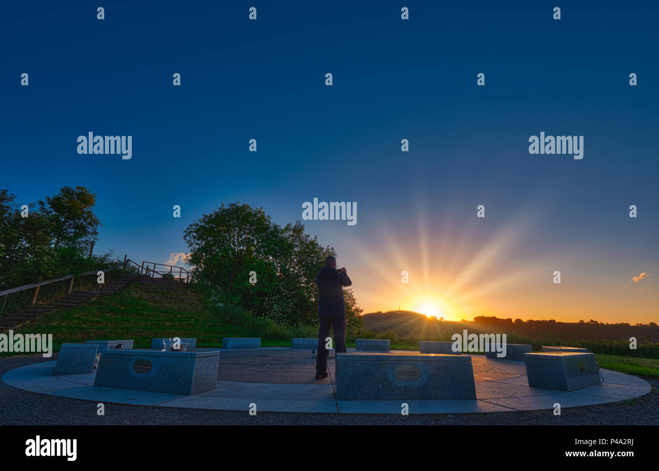 Wirksworth, Derbyshire, UK. 21st June, 2018. Summer solstice UK: Pagan’s celebrating the sun rising on the summer estival solstice at the star disc above Wirksworth in the Derbyshire Dales. UK Weather, sunrise in Derbyshire of the longest day of the year. Credit: Doug Blane/Alamy Live News Stock Photo