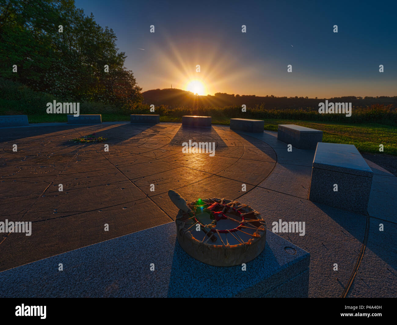 Wirksworth, Derbyshire, UK. 21st June, 2018. Summer solstice UK: Paganâ€™s celebrating the sun rising on the summer estival solstice at the star disc above Wirksworth in the Derbyshire Dales. UK Weather, sunrise in Derbyshire of the longest day of the year. Credit: Doug Blane/Alamy Live News Stock Photo
