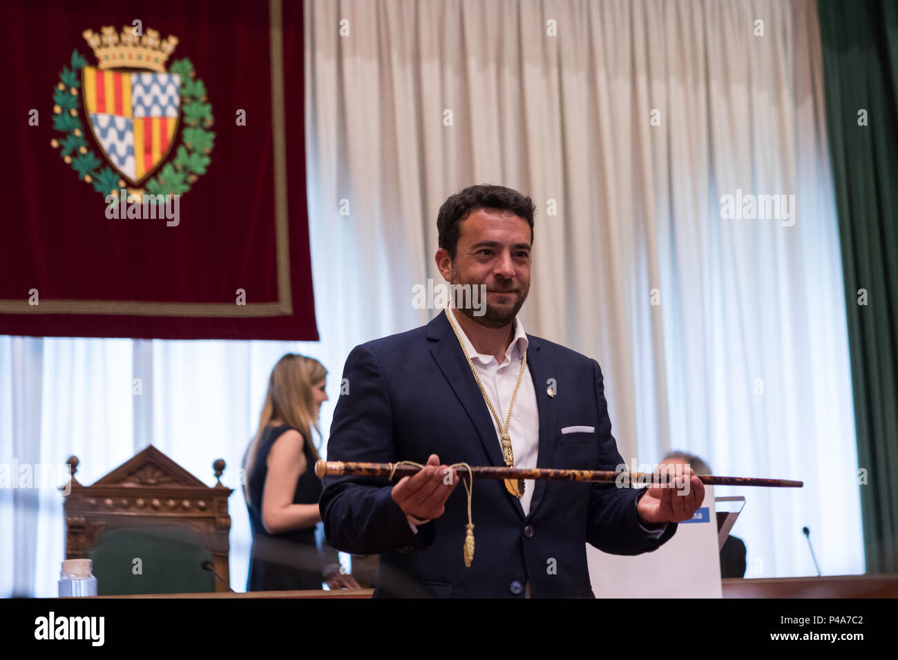 Alex Pastor from PSC and new mayor of Badalona seen in Badalona City Hall. The new Badalona Mayor Alex Pastor changed with support of PP (People’s Party) PSC (Socialists' Party of Catalonia) and C's (Ciudadanos or Citizen in english) that voted ‘YES’ for a no-confidence motion of current mayor Dolors Sabater. Stock Photo