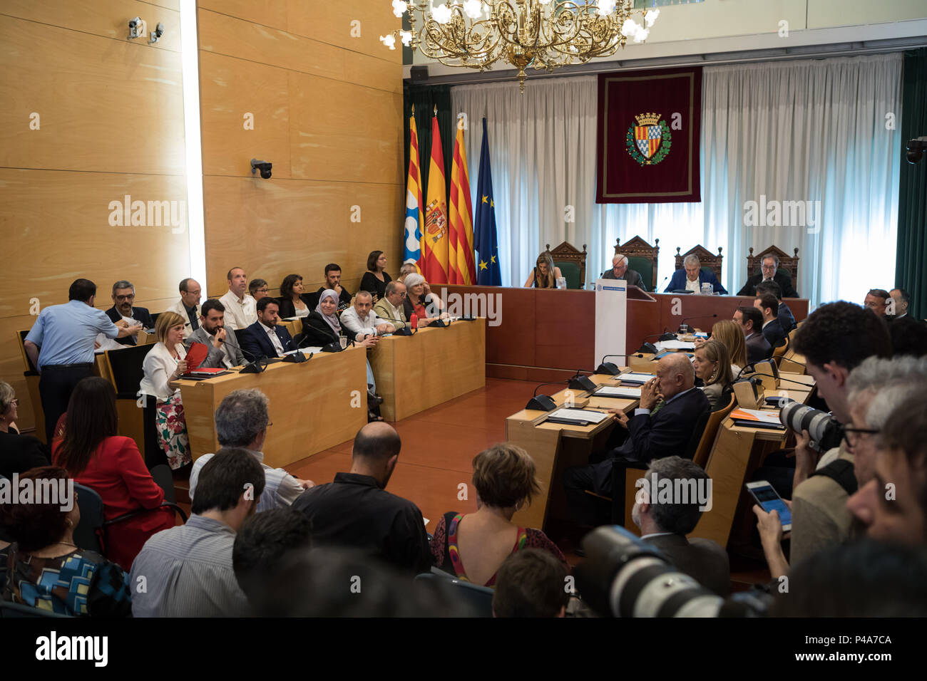 Open view of the hall while debating. The new Badalona Mayor Alex Pastor changed with support of PP (People’s Party) PSC (Socialists' Party of Catalonia) and C's (Ciudadanos or Citizen in english) that voted ‘YES’ for a no-confidence motion of current mayor Dolors Sabater. Stock Photo