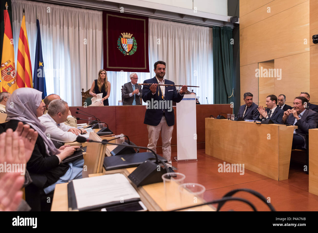 Badalona, Catalonia, Spain. 20th June, 2018. Alex Pastor from PSC and new mayor of Badalona seen in Badalona City Hall.The new Badalona Mayor Alex Pastor changed with support of PP (People's Party) PSC (Socialists' Party of Catalonia) and C's (Ciudadanos or Citizen in english) that voted ''˜YES' for a no-confidence motion of current mayor Dolors Sabater. Credit: Freddy Davies/SOPA Images/ZUMA Wire/Alamy Live News Stock Photo