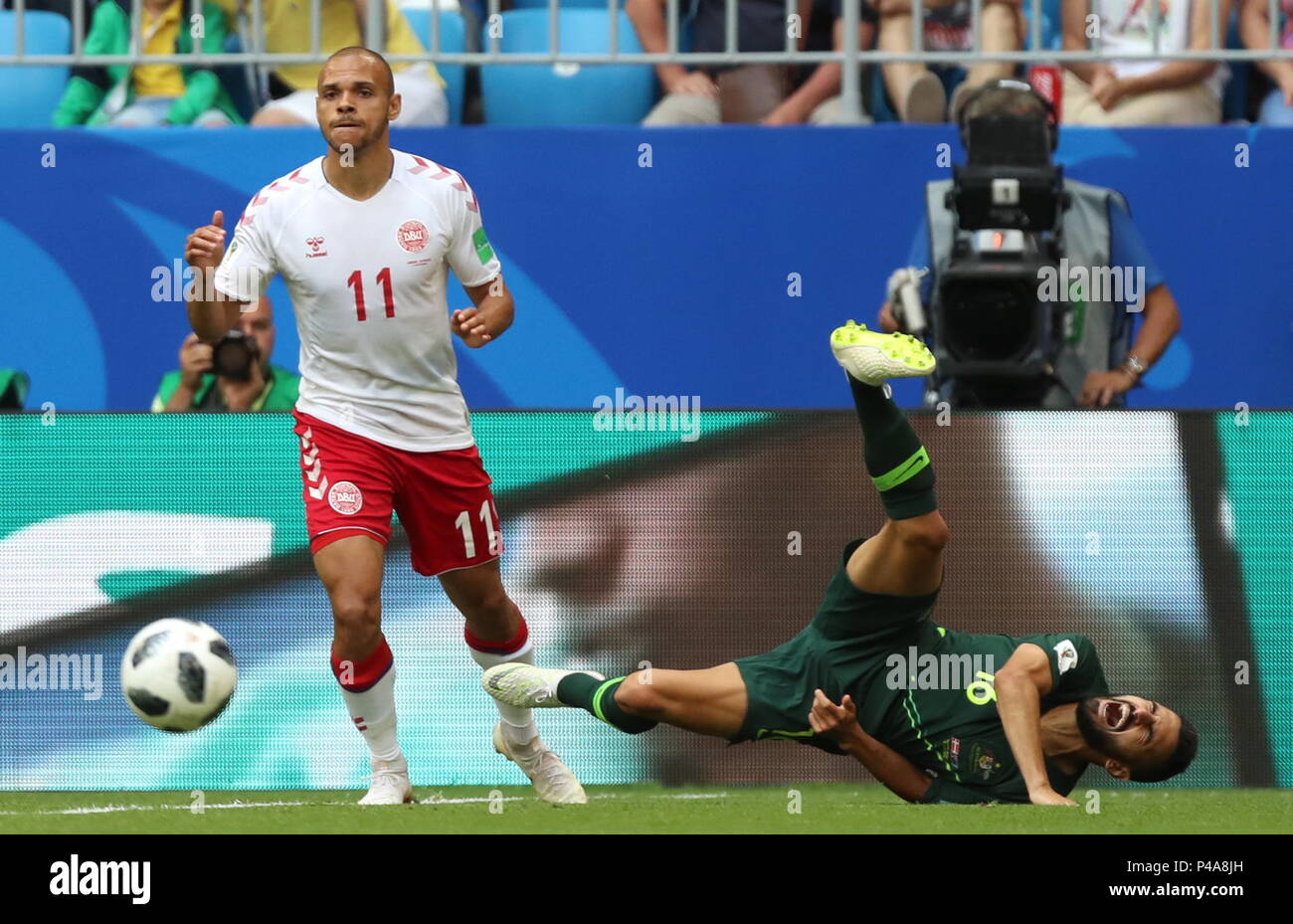 Samara Russia 21st June 2018 Samara Russia June 21 2018 Denmark S Martin Braithwaite L And Australia S Aziz Behich In Their 2018 Fifa World Cup First Stage Group C Football Match At