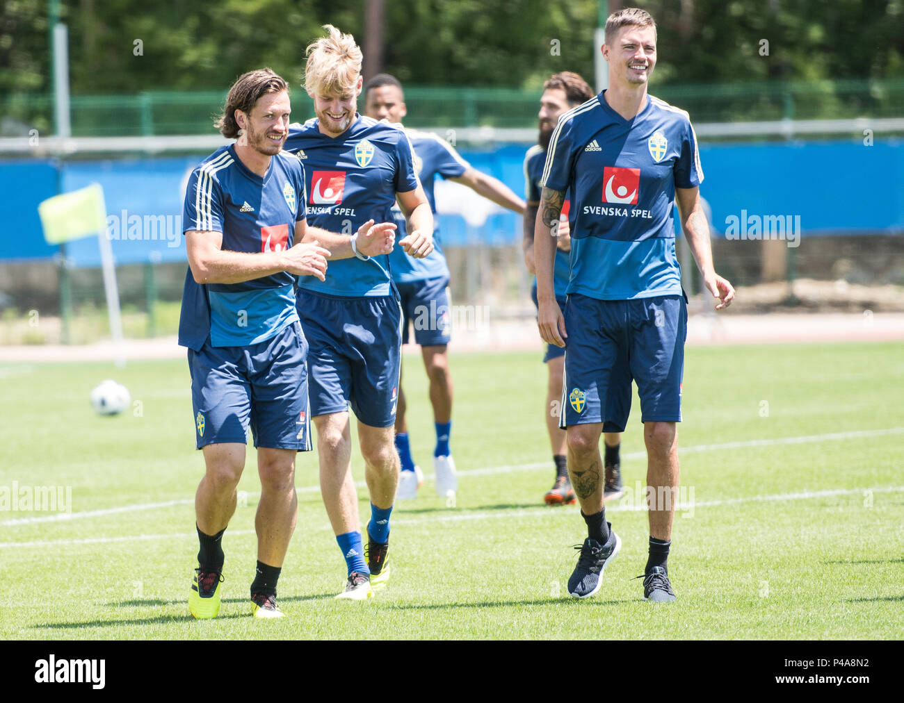 Gelendschik, Russia. 19th June, 2018. Soccer, World Cup 2018, Sweden: Gustav Svensson (l-r) runs with Filip Helander and Mikael Lustig during training of the Swedish national team across the square. The midfielder witnessed the Crimea crisis in 2014. Credit: Maximilian Haupt/dpa/Alamy Live News Stock Photo