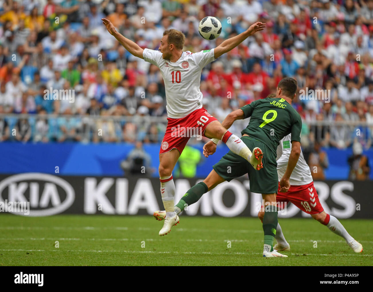 Samara Arena, Samara, Russia. 21st June, 2018. FIFA World Cup Football, Group C Denmark versus Australia; Christian Eriksen of Denmark is eased off the crossed ball by Tomi Juric of Australia Credit: Action Plus Sports/Alamy Live News Stock Photo
