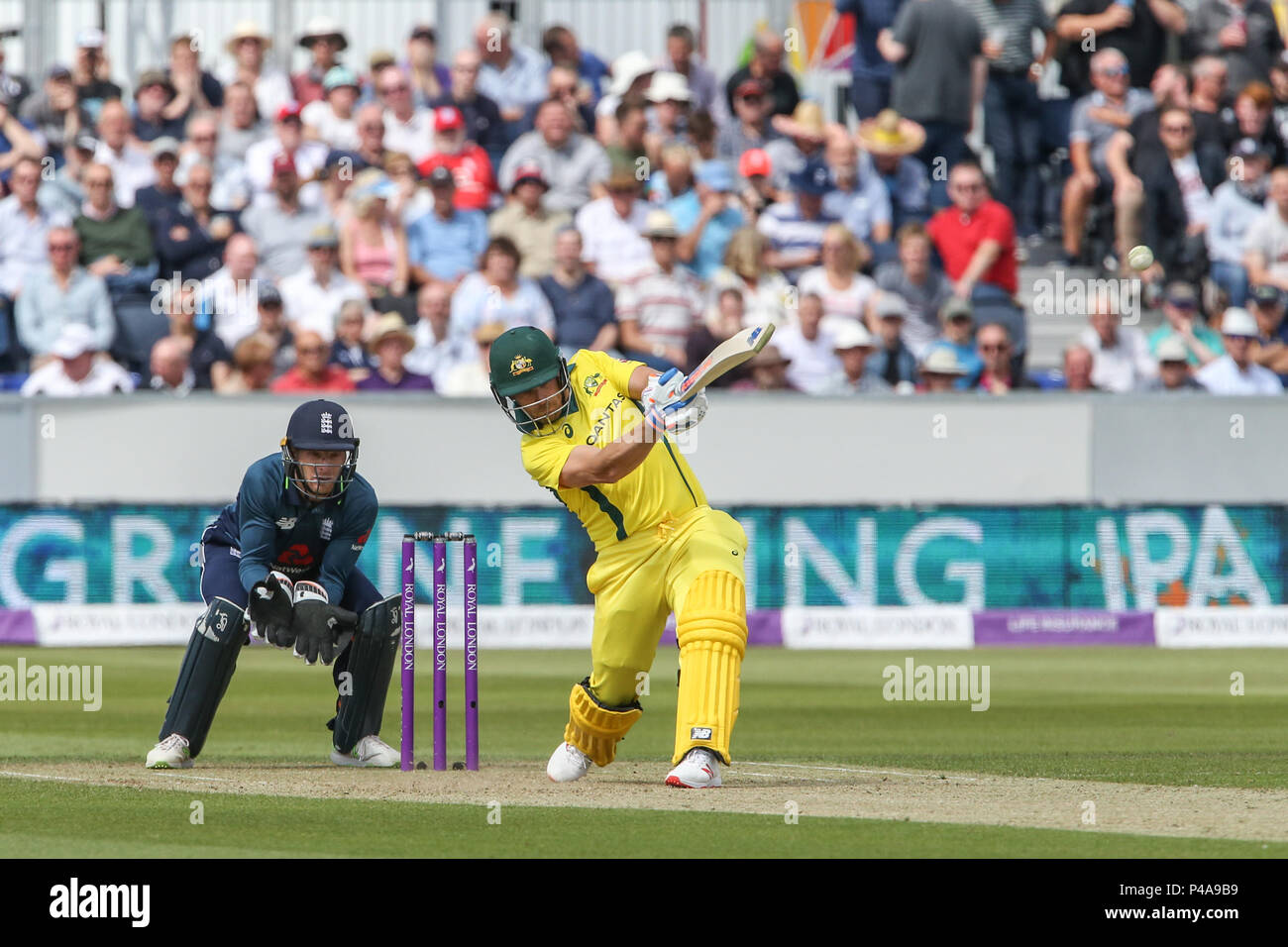 Thursday 21st June 2018 , Emerald Emirates Riverside,Chester-le-Street, 4th ODI Royal London One-Day Series England v Australia;Aaron Finch of Australia hits a six (6) the first for the game Stock Photo