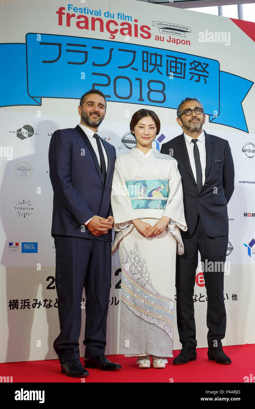 (L to R) French director Oliver Nakache, Japanese actress and Festival Muse Takako Tokiwa and French director Eric Toledano, pose for the cameras during a red carpet before the opening ceremony of the Festival du Film Francais au Japon 2018 at Yokohama Minato Mirai Hall on June 21, 2018, Yokohama, Japan. This year 15 movies will be screened during the festival from June 21st to 24th. (Photo by Rodrigo Reyes Marin/AFLO) Stock Photo