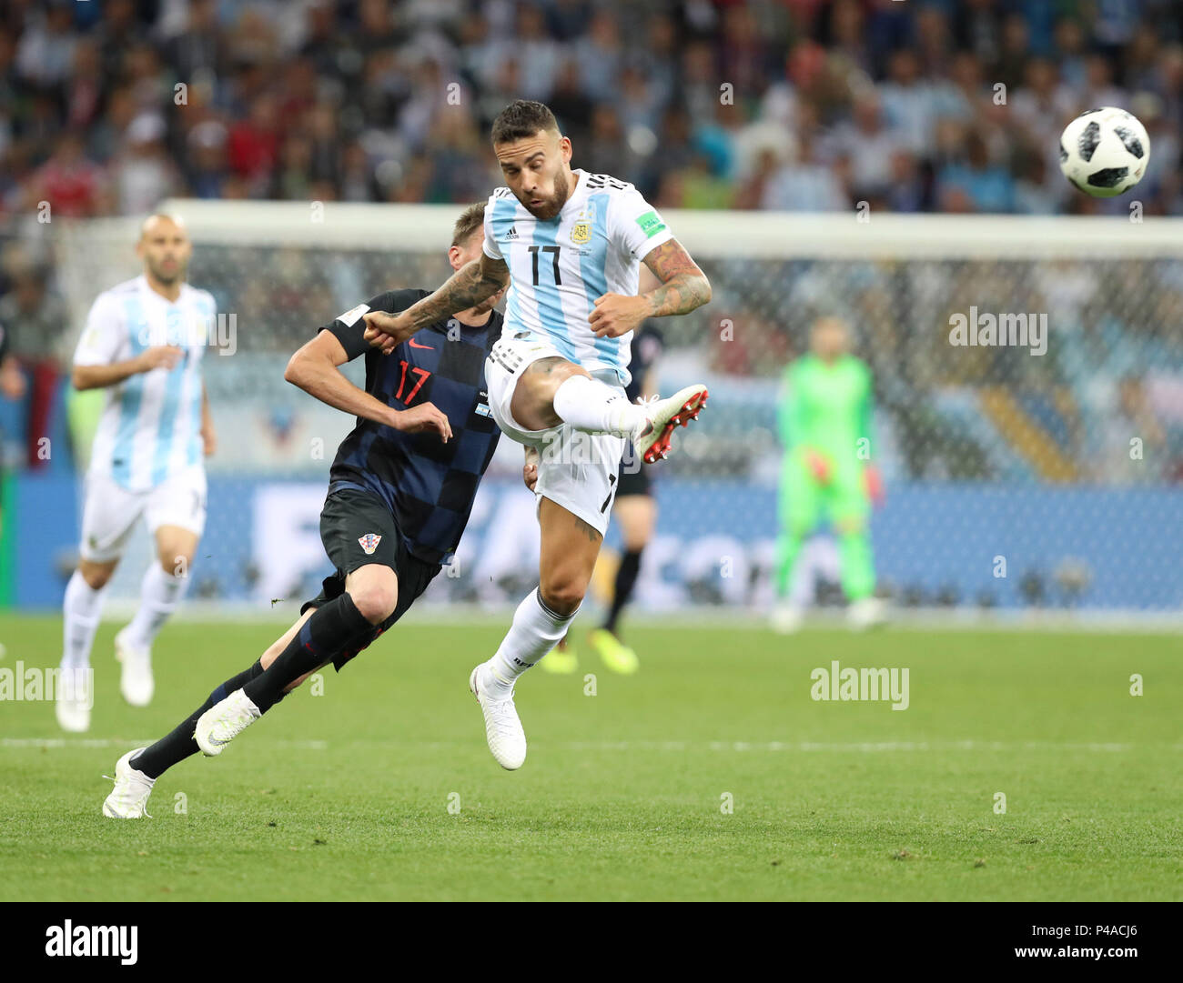 Nizhny Novgorod, Russia. 21st June, 2018. Nicolas Otamendi (front) of Argentina competes during the 2018 FIFA World Cup Group D match between Argentina and Croatia in Nizhny Novgorod, Russia, June 21, 2018. Credit: Yang Lei/Xinhua/Alamy Live News Stock Photo