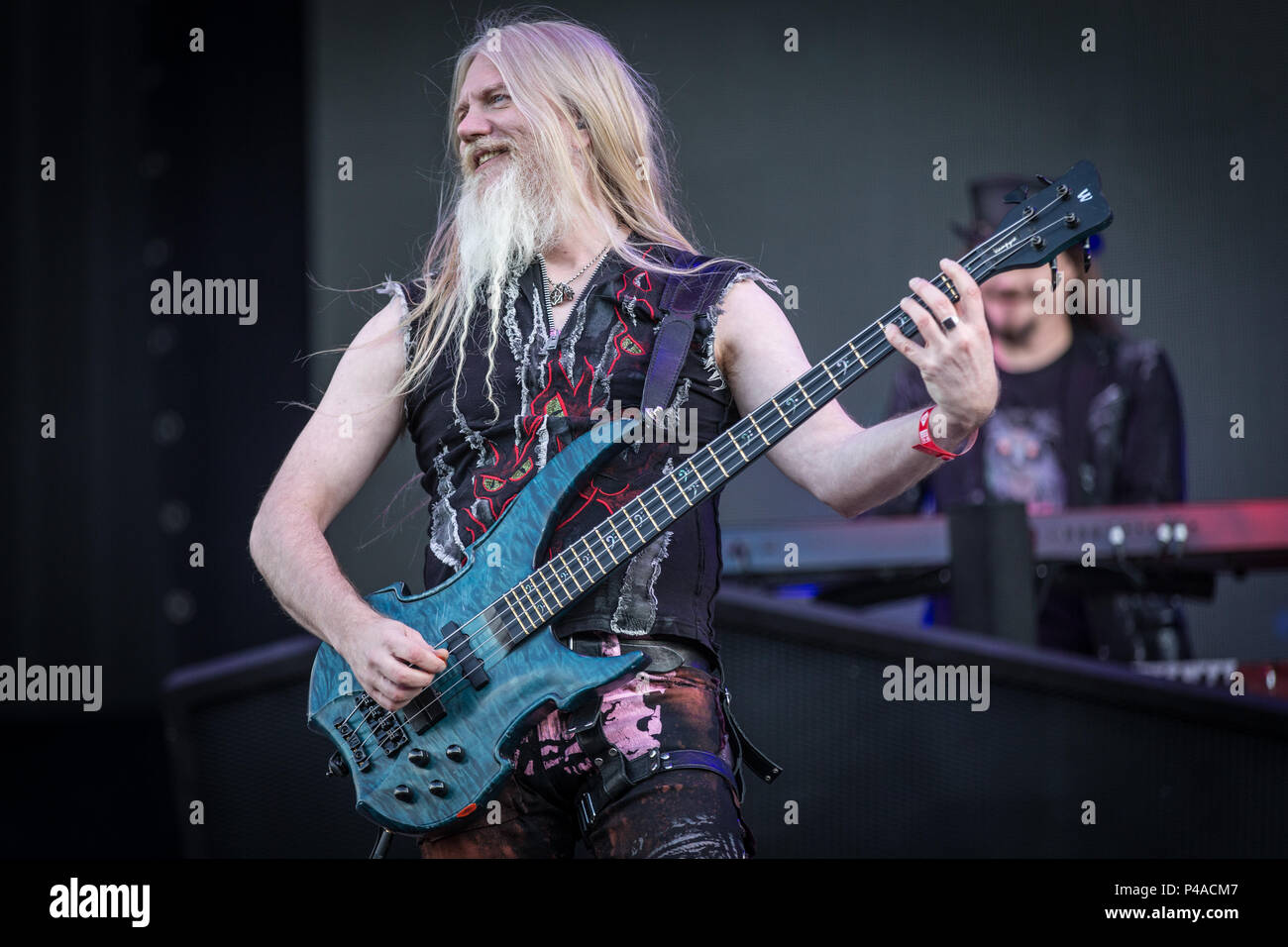 Denmark, Copenhagen - June 21, 2018. Nightwish, the Finnish symphonic metal band, performs a live concert during the Danish heavy metal festival Copenhell 2018 in Copenhagen. Here bass player Marco Hietala is seen live on stage. (Photo credit: Gonzales Photo - Thomas Rasmussen). Credit: Gonzales Photo/Alamy Live News Stock Photo