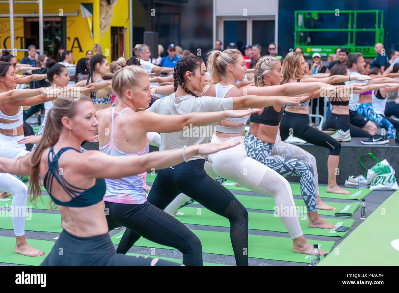 Thousands of yoga practitioners pack Times Square in New York to practice  yoga on the first day of summer, Thursday, June 21, 2018. The 16th annual  Solstice in Times Square, 