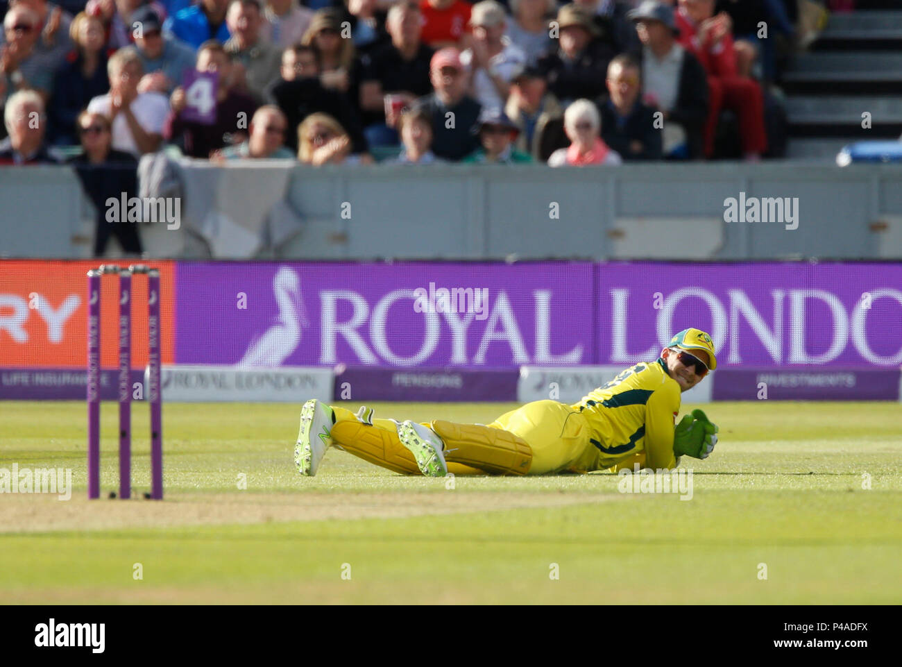 Emirates Riverside, Chester-le-Street, UK. 21st June, 2018. One Day International Cricket, 4th Royal London ODI, England versus Australia; Tim Paine of Australia looks back at Jason Roy with a wry smile after Roy edged a shot to the boundary for four Credit: Action Plus Sports/Alamy Live News Stock Photo