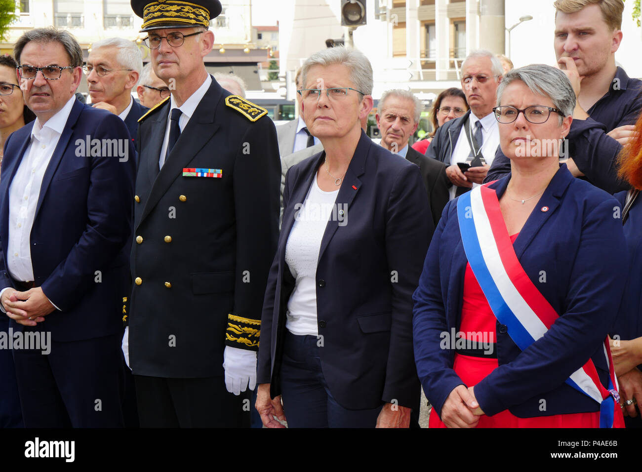 Lyon, France. 21 June 2018. French State Secretary for Defense, Genevieve Darrieussecq, is seen at elementary shool Aveyron, in Lyon Croix-Rousse (Central Eastern France), as she attends homage ceremony paid on the occasion of the 75th anniversary of French Resistant Jean Moulin arrest by nazi police. Credit photo: Serge Mouraret/Alamy Live News Stock Photo