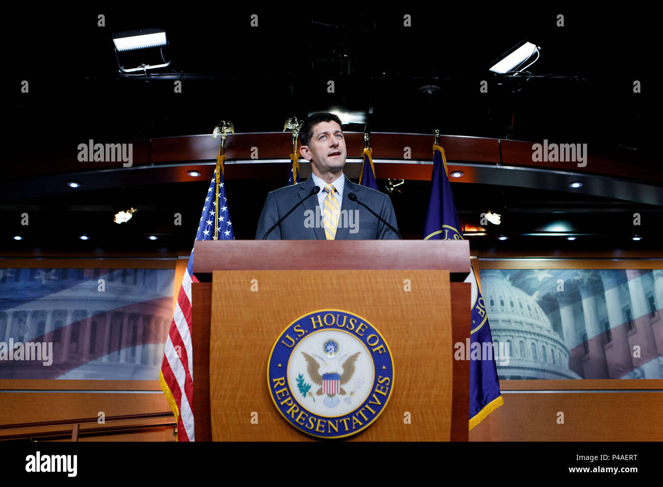 Washington, USA. 21st June, 2018. U.S. House Speaker Paul Ryan holds a press conference on the immigration bill on Capitol Hill in Washington, DC, the United States, on June 21, 2018. Republican leaders in the U.S. House of Representatives on Thursday delayed a vote on a 'moderate' immigration bill amid chaos over the White House practice of separating families who illegally cross the U.S. border. Credit: Ting Shen/Xinhua/Alamy Live News Stock Photo