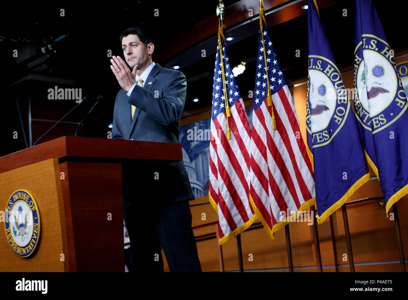 Washington, USA. 21st June, 2018. U.S. House Speaker Paul Ryan holds a press conference on the immigration bill on Capitol Hill in Washington, DC, the United States, on June 21, 2018. Republican leaders in the U.S. House of Representatives on Thursday delayed a vote on a 'moderate' immigration bill amid chaos over the White House practice of separating families who illegally cross the U.S. border. Credit: Ting Shen/Xinhua/Alamy Live News Stock Photo