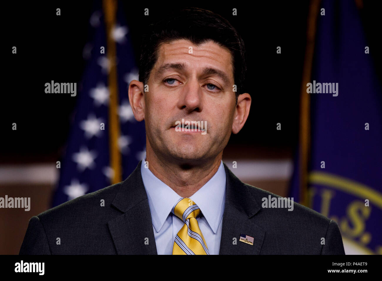 Washington, USA. 21st June, 2018. U.S. House Speaker Paul Ryan holds a press conference on the immigration bill on Capitol Hill in Washington, DC, the United States, on June 21, 2018. Republican leaders in the U.S. House of Representatives on Thursday delayed a vote on a 'moderate' immigration bill amid chaos over the White House practice of separating families who illegally cross the U.S. border. Credit: Ting Shen/Xinhua/Alamy Live News Stock Photo