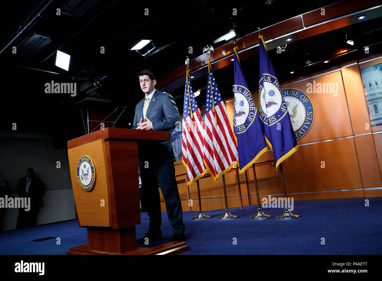 Washington, USA. 21st June, 2018. U.S. House Speaker Paul Ryan holds a press conference on the immigration bill on Capitol Hill in Washington, DC, the United States, on June 21, 2018. Republican leaders in the U.S. House of Representatives on Thursday delayed a vote on a 'moderate' immigration bill amid chaos over the White House practice of separating families who illegally cross the U.S. border. Credit: Ting Shen/Xinhua/Alamy Live News Stock Photo
