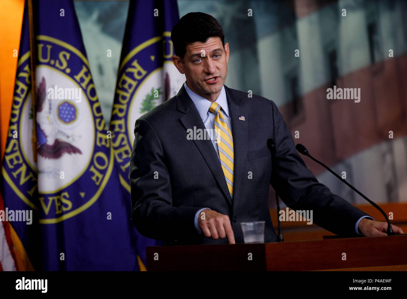 Washington, USA. 21st June, 2018. U.S. House Speaker Paul Ryan holds a press conference on the immigration bill on Capitol Hill in Washington, DC, the United States, on June 21, 2018. Republican leaders in the U.S. House of Representatives on Thursday delayed a vote on a 'moderate' immigration bill amid chaos over the White House practice of separating families who illegally cross the U.S. border. Credit: Ting Shen/Xinhua/Alamy Live News Stock Photo