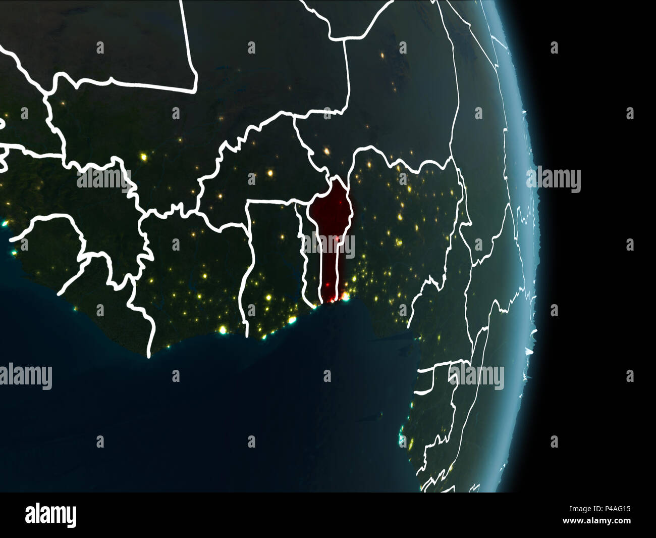 Map Of Benin In Red As Seen From Space On Planet Earth At Night With Map Of Benin In Red As Seen From Space On Planet Earth At Night With White Borderlines And City Lights 3d Illustration Elements Of This Image Furnis P4AG15