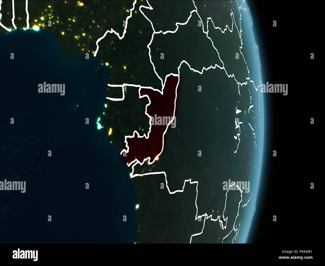 Map of Congo in red as seen from space on planet Earth at night with ...
