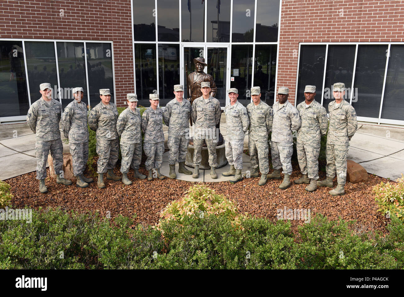 Airman leadership school nominees for the Chief Master Sergeant Paul H. Lankford Enlisted Professional Military Education Center leadership award take a group photo with Chief Master Sgt. Edward L. Walden Sr., commandant, outside his office June 24, 2016, at the I.G. Brown Training and Education Center on McGhee Tyson Air National Guard Base in Louisville, Tenn. (U.S. Air National Guard photo by Master Sgt. Mike R. Smith/Released) Stock Photo